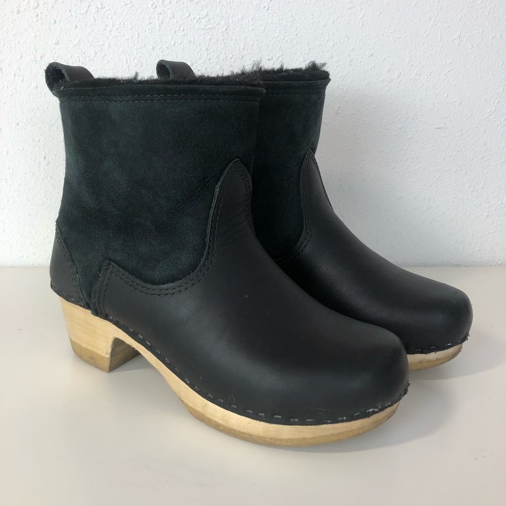 No. 6 Shearling Black Clog Boots Mid Heel Size 39 7.5/8